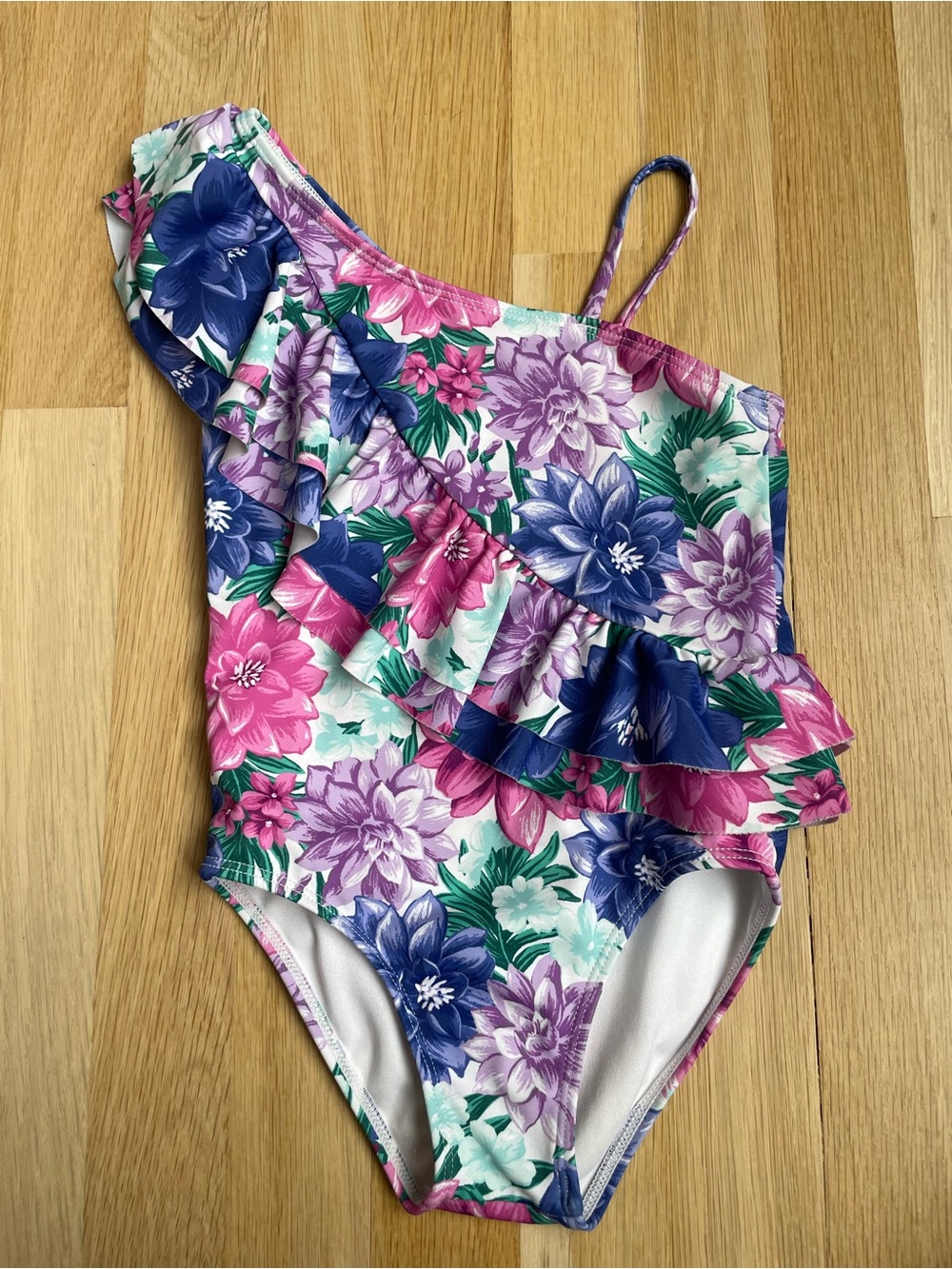 Janie and Jack Floral One-Shoulder Ruffle Swimsuit - Pink, Purple, Blue, Green